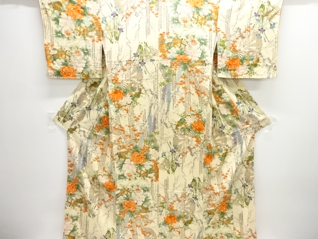 JAPANESE KIMONO / CHIRIMEN FABRIC / FLORAL PATTERN KOMON